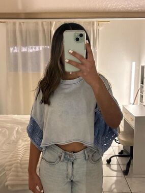 Altar'd State Washed Light Blue Crochet-Sleeve Crop Top